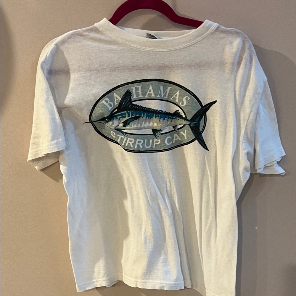 Bahamas Stirrup Cay Short Sleeve Tee - White with Blue Graphic Size Medium